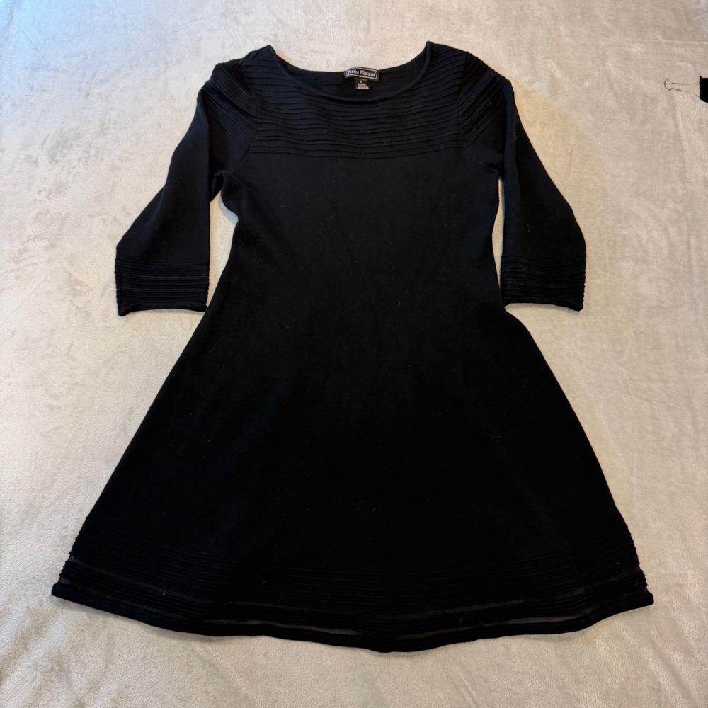Black Fit and Flare Sweater Dress 3/4 Sleeve Ribbed Metallic BK2-2338 XL